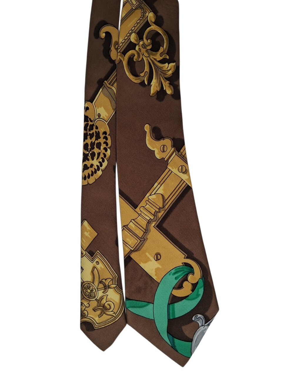 Hermes Men's 100% Silk Tie Brown with Gold Baroque Motif 57 inches
